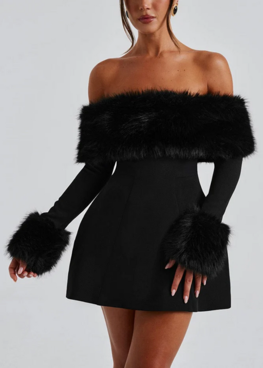 Seba Off-Shoulder Mini Dress with Fur Sleeves