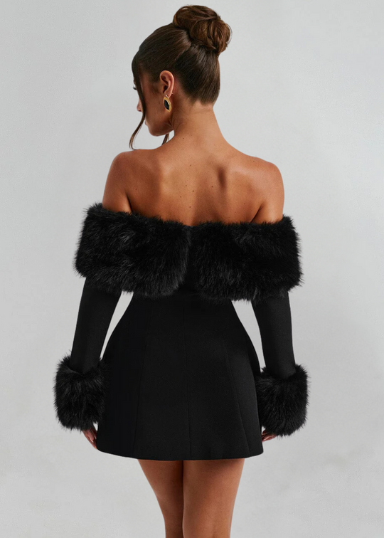 Seba Off-Shoulder Mini Dress with Fur Sleeves